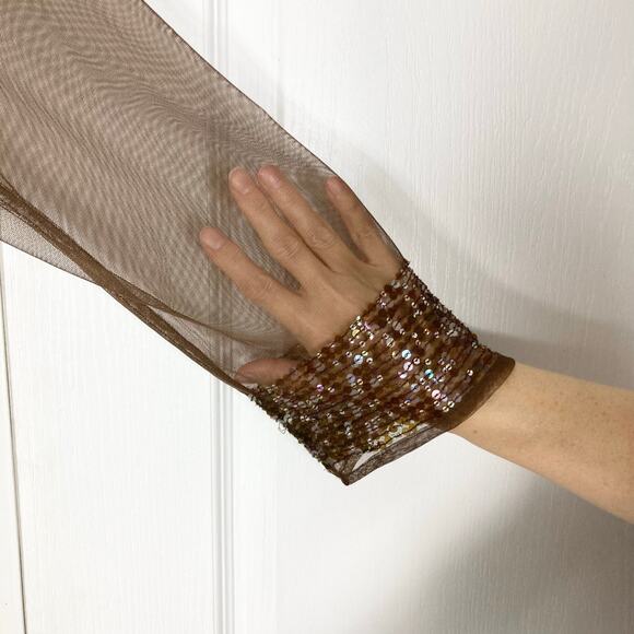 Nwot Vintage PAPELL BOUTIQUE Top Cardigan L Brown Iridescent-Sequin Sheer Tassel - Picture 6 of 11